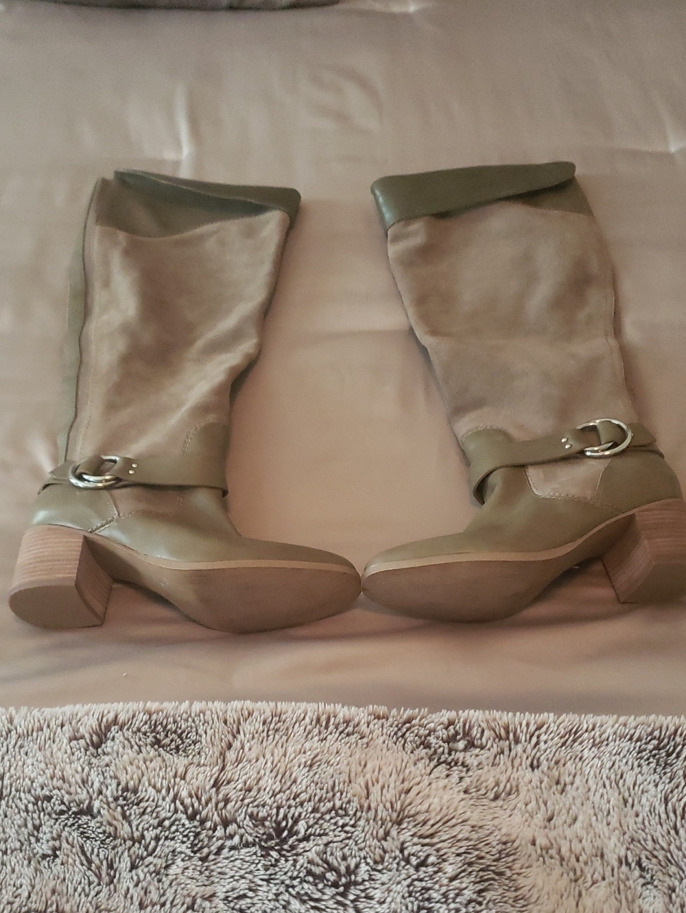 Marc Fisher Olive Taupe Mid-Calf Suede & Leather Block Heel Boots
